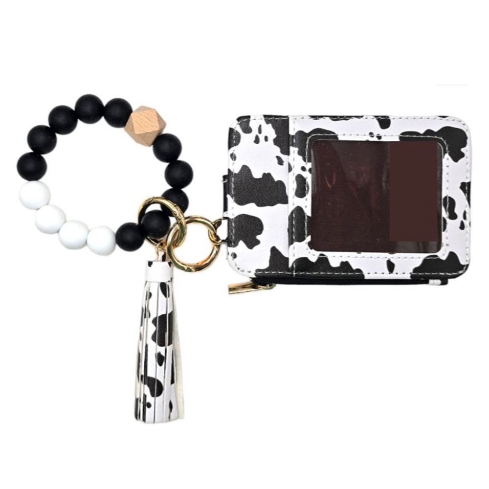 NWT cow print silicone bead wristlet ID card holder wallet keychain western